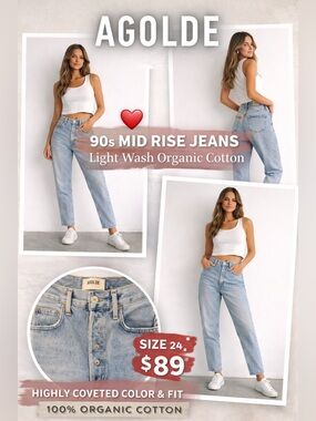 AGOLDE 90s Mid Rise Loose Fit Jeans Size 24 Light Wash Organic Cotton